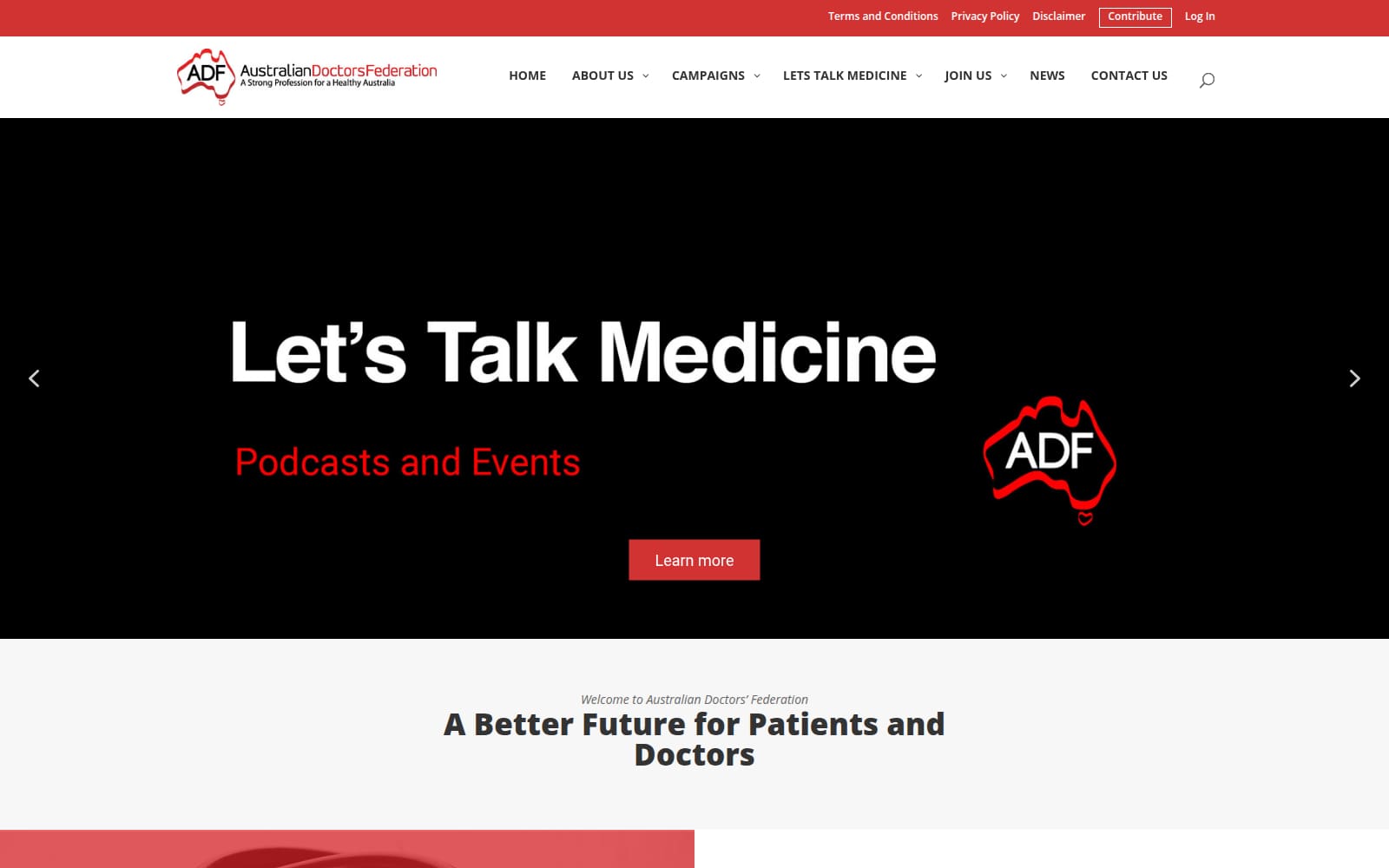 The Australian Doctors Federation homepage in November 2022, before the work