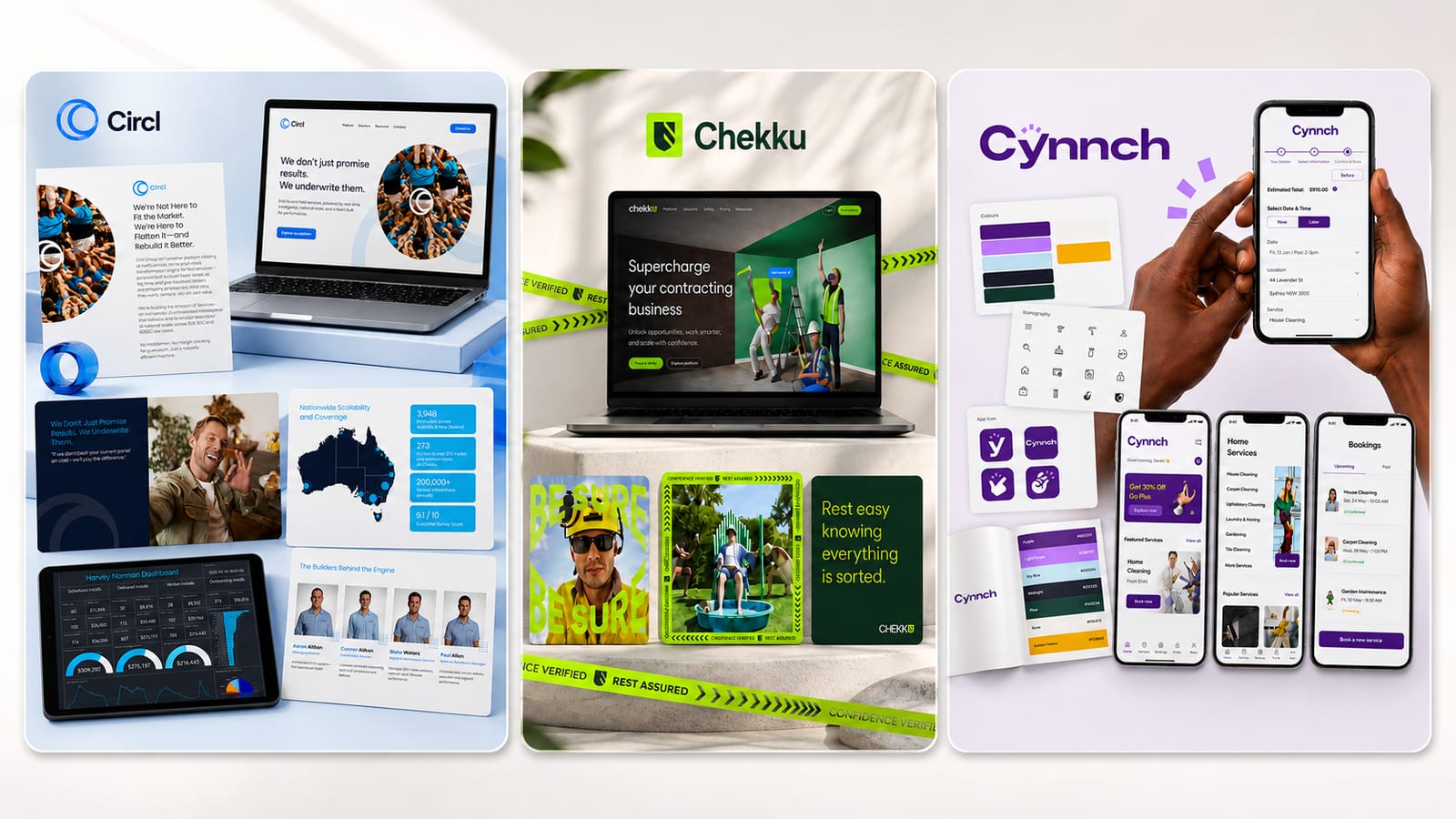 The Circl, Chekku and Cynnch brand systems side by side across web, app and print