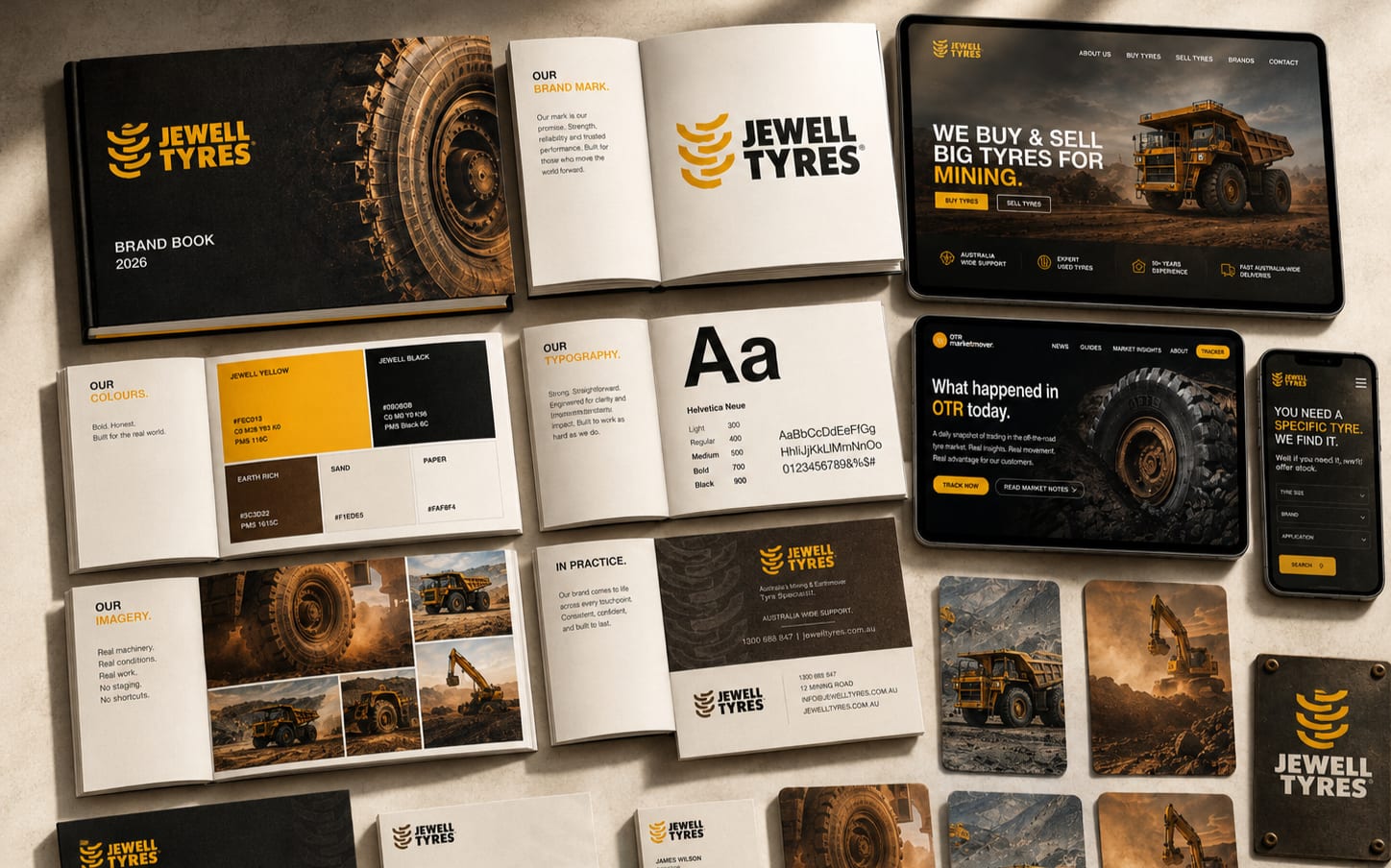 The Jewell Tyres brand book open beside the platform on desktop, tablet and phone
