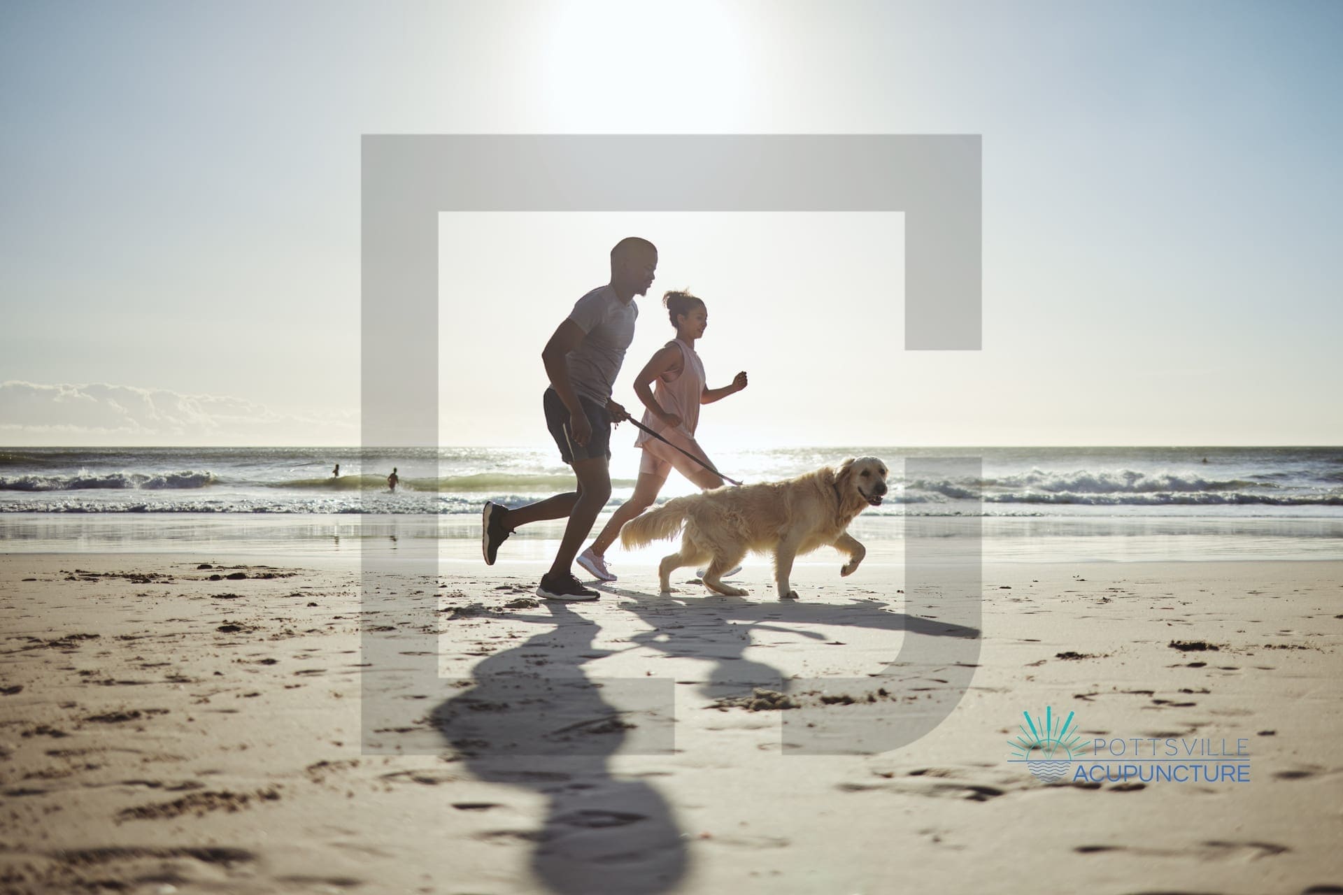 Two runners and a dog on the beach at Pottsville in morning light