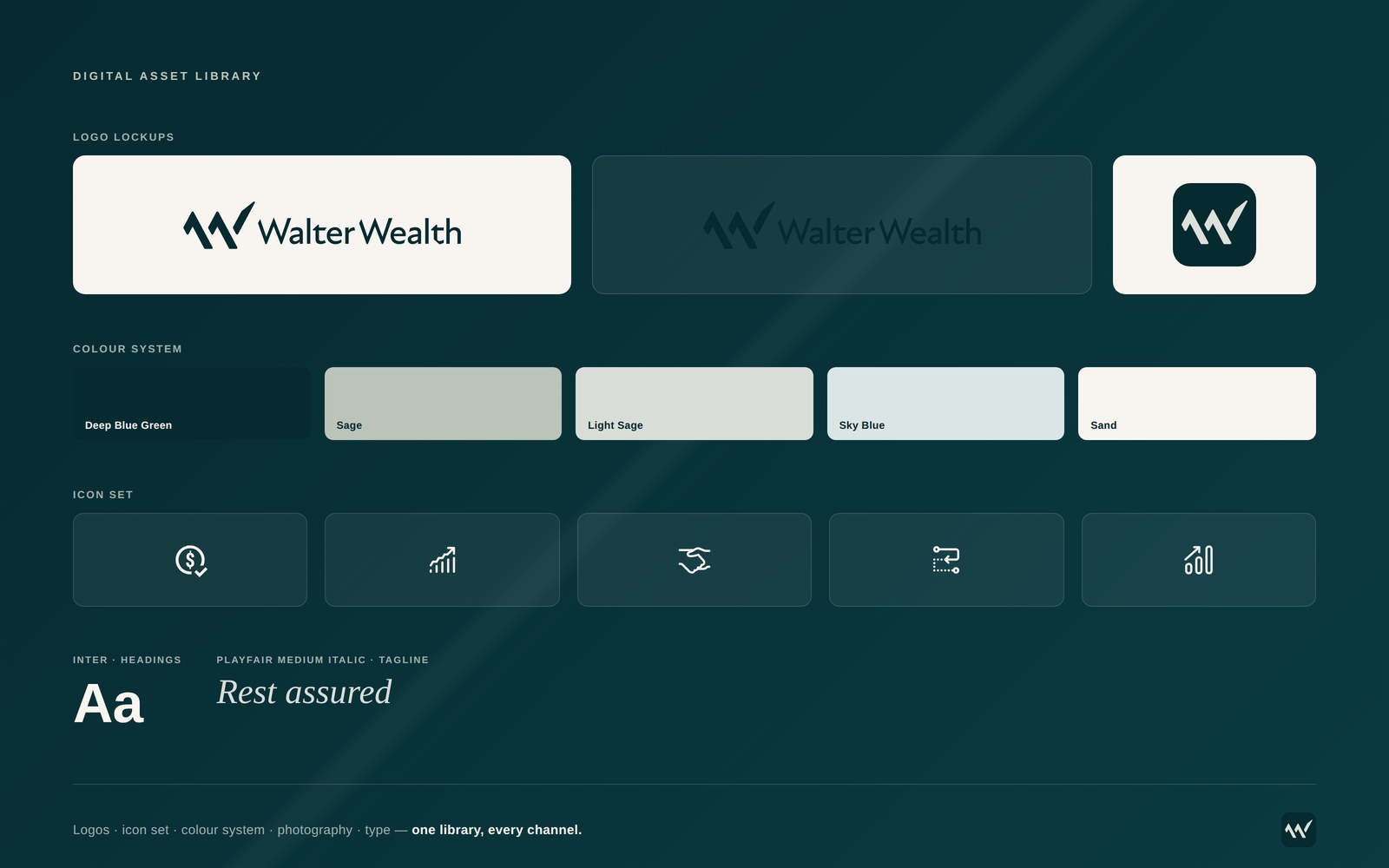 Walter Wealth logo lockups, colour system and icon set