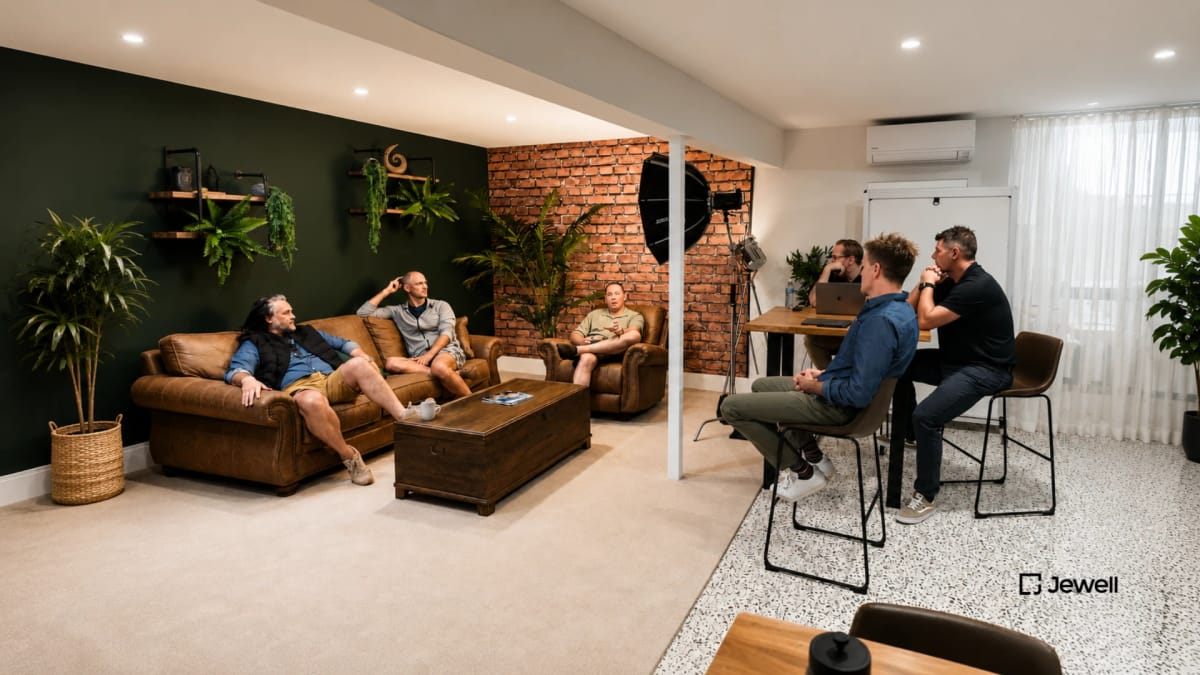 The Jewell team in the studio, mid-session
