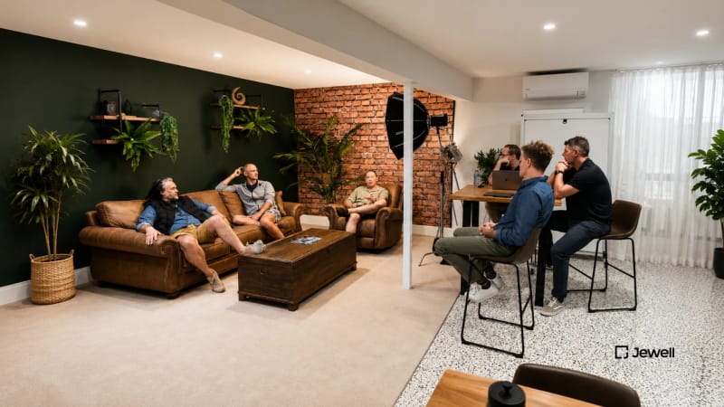 The Jewell team in the studio, mid-session