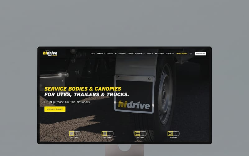 The rebuilt Hidrive website on a monitor: service bodies and canopies, the offer at the centre
